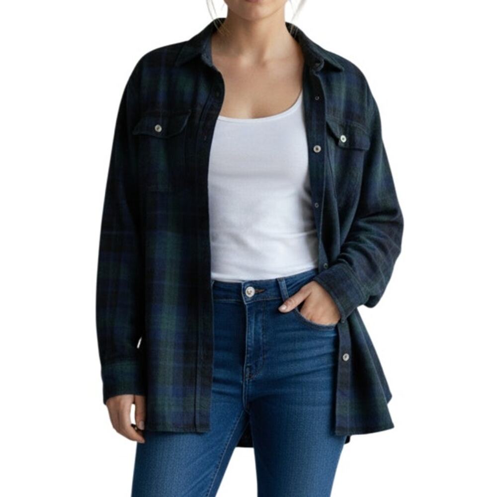 The North Face Navy Green Plaid Flannel Shirt Jacket Button Front Women's Large